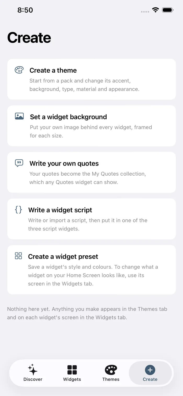 The Create tab in Novique, showing Write a widget script