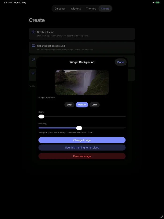 Novique widget background editor with zoom and dimming controls